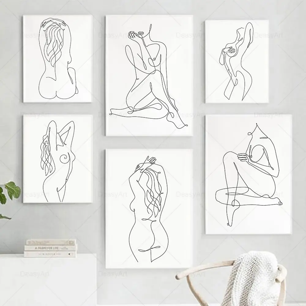 

Sexy Female Body Art Print Naked Nude Canvas Poster Line Drawing Prints Abstract Woman Wall Art Painting Pictures Bedroom Decor