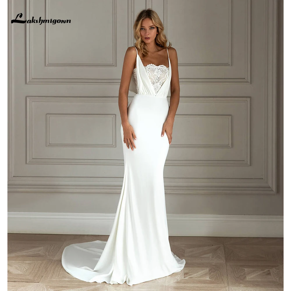

Chic Spaghetti Straps Strapless Mermaid Wedding Dress Sleeveless Sheath with Appliques Floor-Length Zipper Back Court Train 2023
