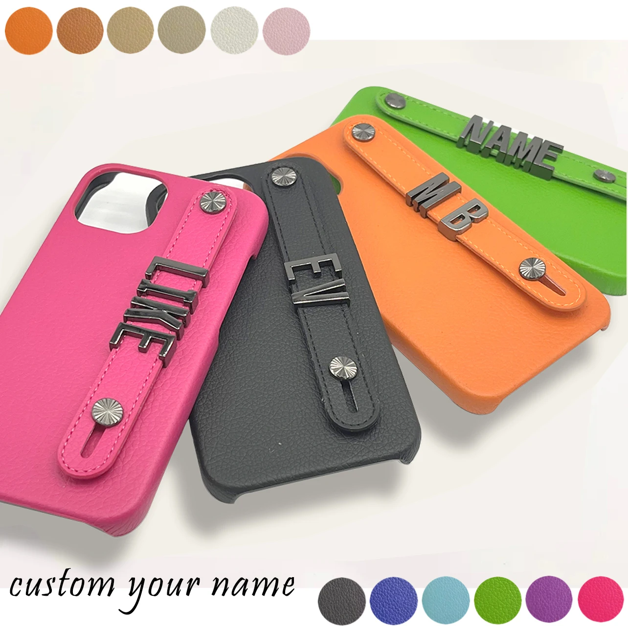 

Personalise DIY Customizable Black Name Letter Charm Wristband Pebble Leather Phone Case For iPhone 13 12 11 Pro Max X XS Mini 7