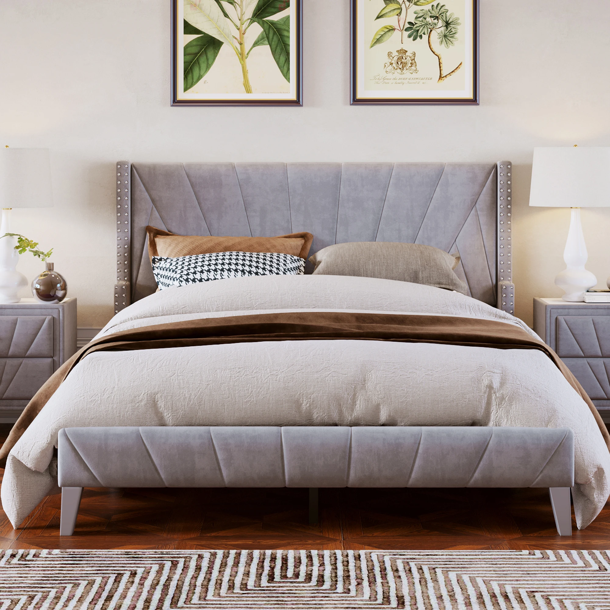 Online Queen Full Size Contemporary Velvet Upholstered Bed Frame with Channel Tufting and Nailhead Trim No Box Spring Needed Black Grey