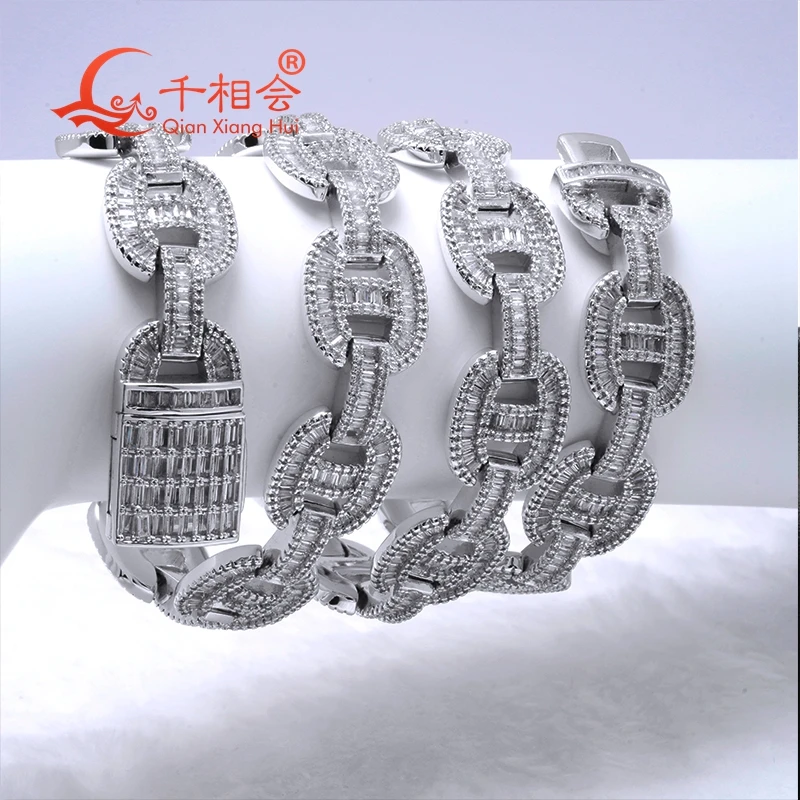 Bracelet 15mm Silver 925  baguette pig nose Cuban Link Iced Out Hip Hop D VVS Moissanite Link Chain Jewelry for Women Men Gifts