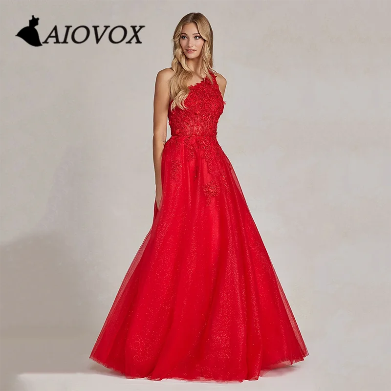 

AIOVOX One-shoulder Prom Dresses Exquisite Lace Appliques A-line Evening Dress Muti-straps Ball Gown Vestido De Noche for Women