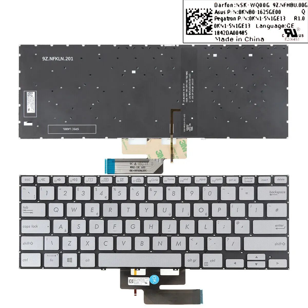

New UK Layout Keyboard for ASUS ZenBook flip 14 UX462 UX462 Silver Backlit