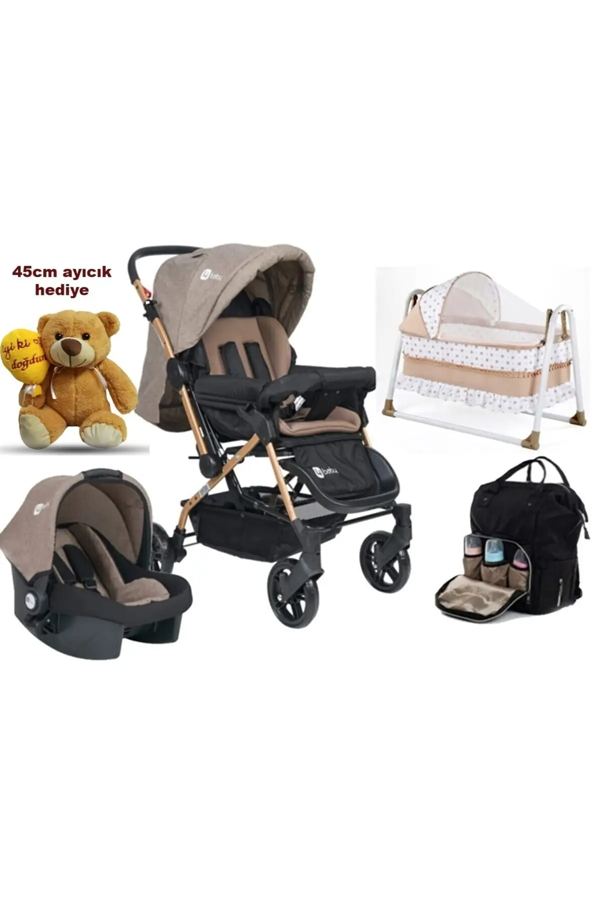 Set of 4 pcs Olympos Baby Stroller Travel Pushchair Thermal Bag, Baby Crib Coffee Gold, Baby Seat