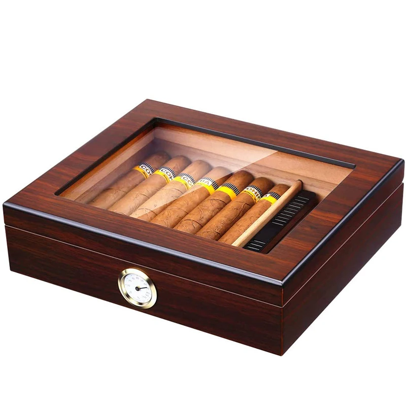 

Humidor With Glass Top Made Of Solid Spanish Cedar, Humidor For 20-25 Cigars, Hygrometer And Humidifier - Cigar Accessories