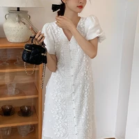 clothland women elegant white flower lace dress v neck short sleeve hollow out one piece cute midi shirt dresses qb197