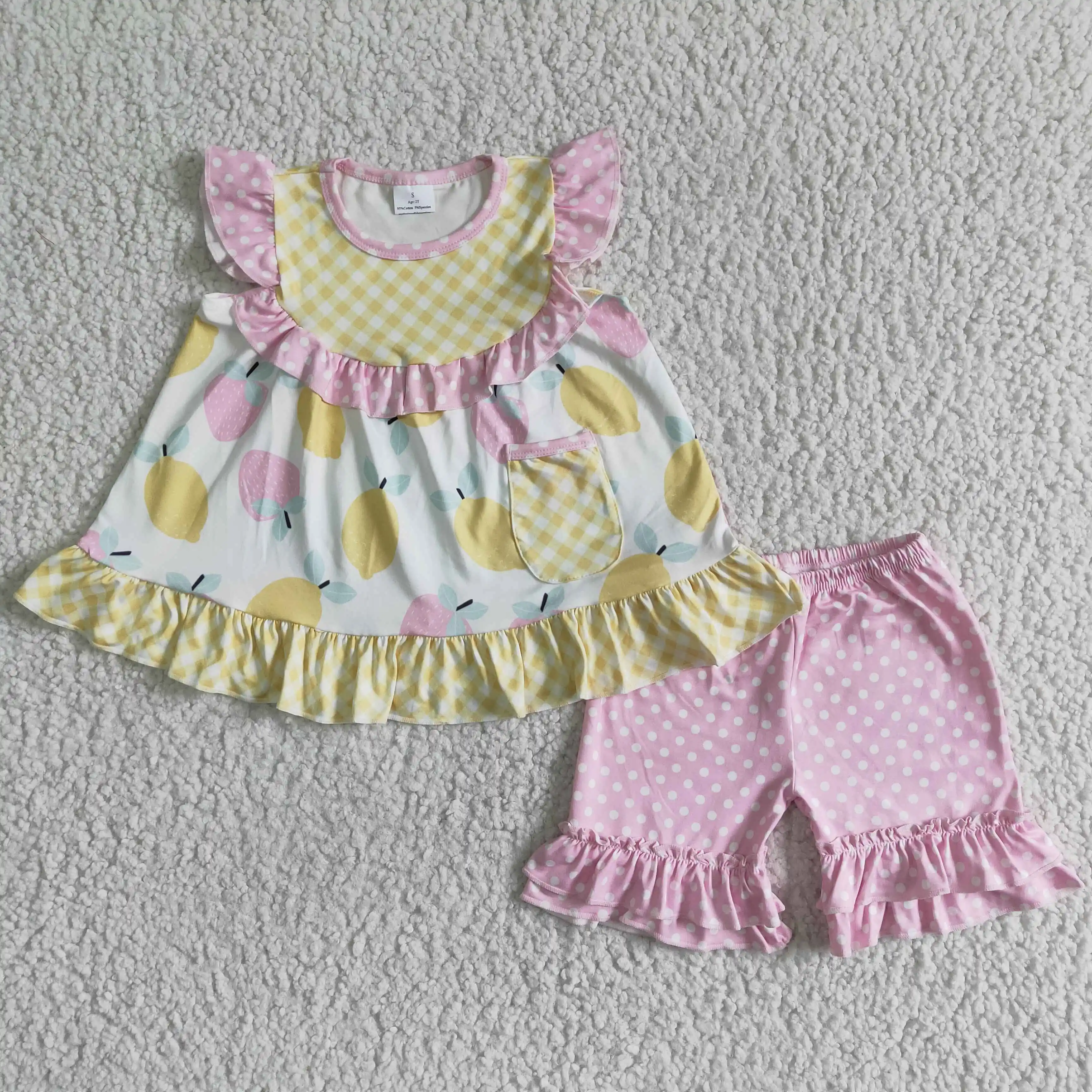 

summer boutique fashion cute kids clothes flutter sleeve yellow lemon t shirt and pink polka dots shorts baby girl clothing set
