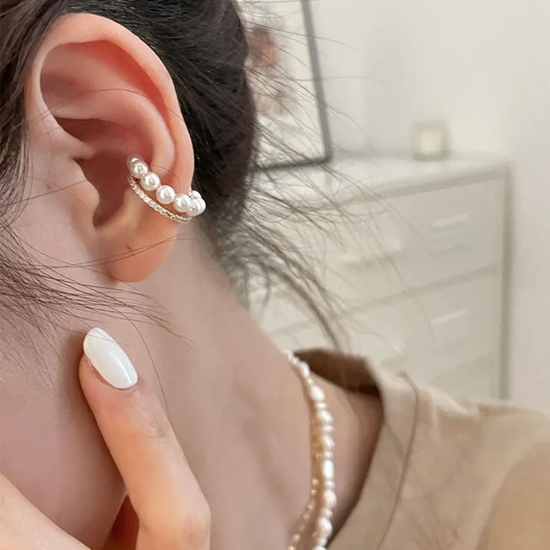 

Luxury Gold Color Pearl Zircon Earrings for Women Stainless Steel Vintage Sexy Open Ring Korean Fashion Elegant Jewelry Gifts