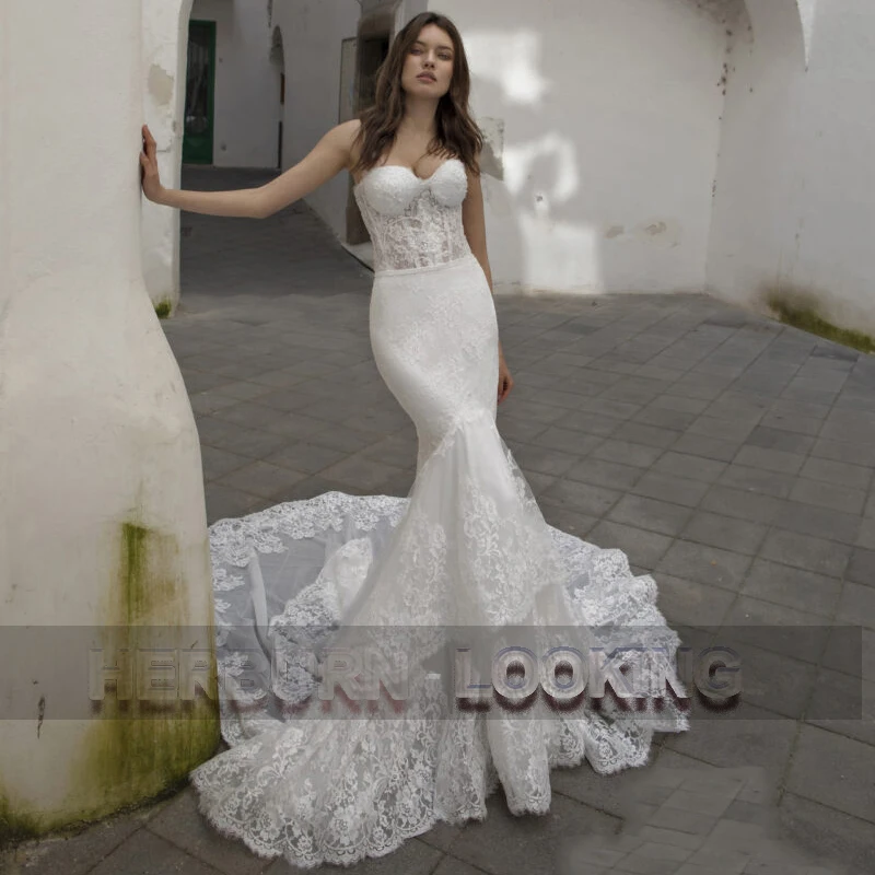 

HERBURN Elegant Mermaid Wedding Dresses For Women Sexy Court Train Appliques Custom Made Robe Mariee Robe De Soiree Mariage