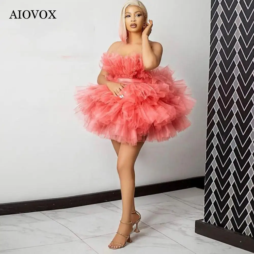 AIOVOX Mordern Strapless Homecoming Dresses Pleat Flower With Belt Mini Party Gown A-Line Red White Vestidos De Gala Custom-Made