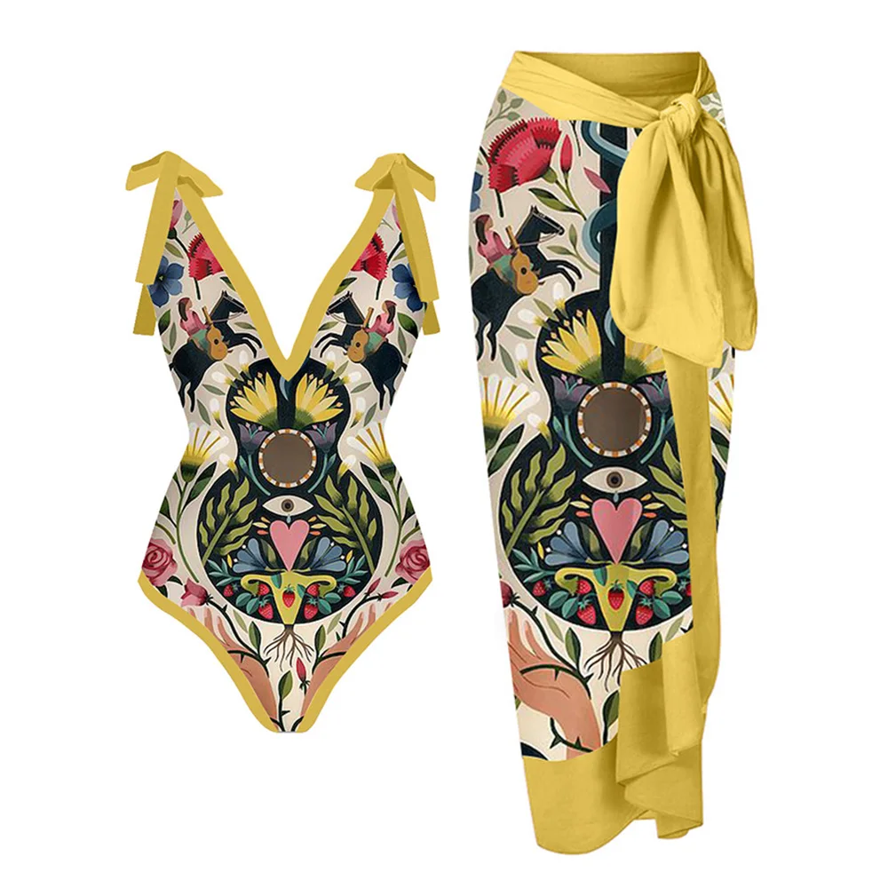 Слитный купальник с принтом и завязкой юбкой облегающий женский бандажный