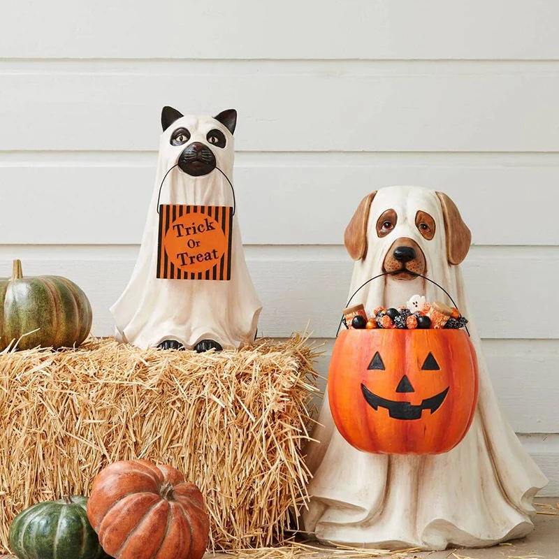 

Ghost Dog Candy Bowl Holder Halloween Pumpkin Snack Bowl Stand Resin Crafts Halloween Party Decorations Gifts