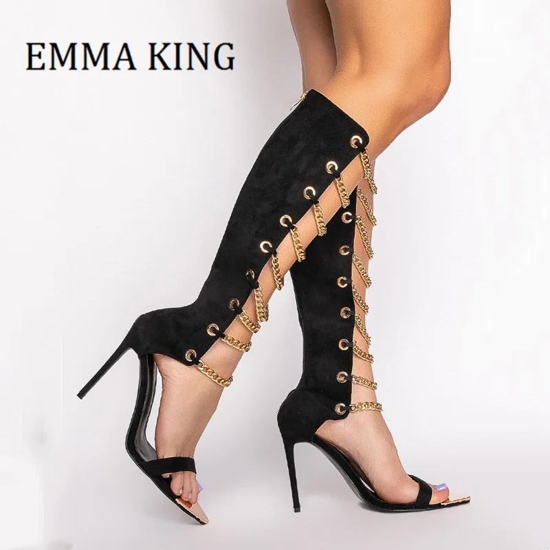 

Женские босоножки-гладиаторы с золотой цепочкой, привлекательные сапоги с острым носком и цепочкой на ремешках, женские сапоги до колена на высоком каблуке-шпильке