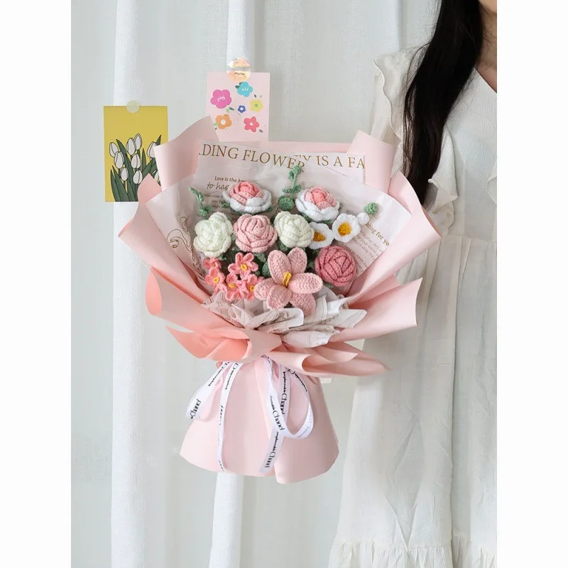 

Цветок ручной работы «сделай сам», букет из шерсти, букет из вязаных цветов, маарон, тканый цветочный подарок для девушки