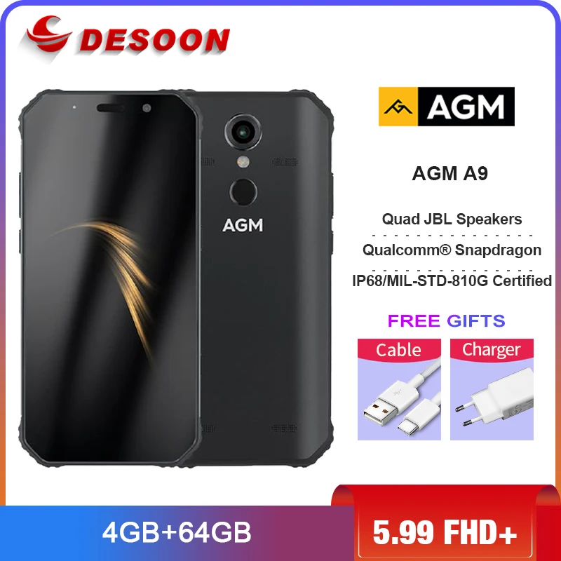 

AGM A9 Waterproof 5.99" FHD+ Screen Smartphone Android 8.1 4GB 64GB 5400mAh Tuned Speakers Quest Charge NFC OTG Cellphone