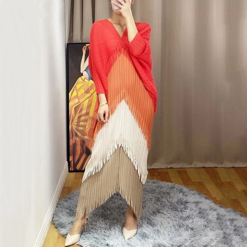 

Женское плиссированное платье миаке, повседневное осеннее длинное платье с кисточками и V-образным вырезом, с рукавом «летучая мышь», 2022