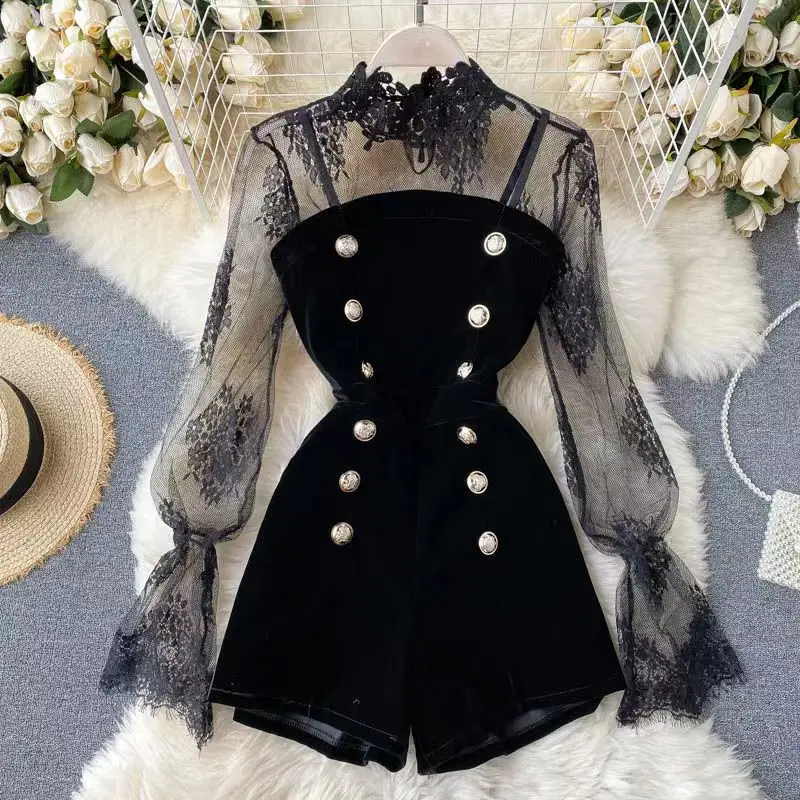 Two Set Autumn Long Sleeve Lace Embroidery Shirt Women Double Breasted Playsuits Slim Velvet Jumpsuits Female Bodysuit Suit