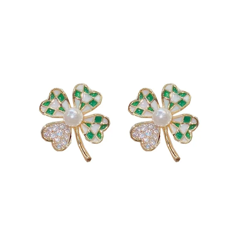 

925 Silver Lucky Green Four Leaf Clover Earrings For Women Korean Fashion Gold Color Crystal Pearl Earrings Jewelry Accessory