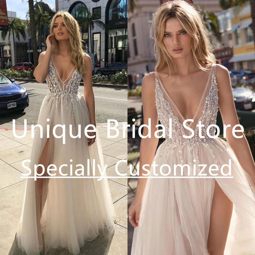 

Bohemian Wedding Dresses Beading Deep V-Neck Sleeveless Bridal Gowns A-Line Side Split Floor Length Tulle Vestido De Novia
