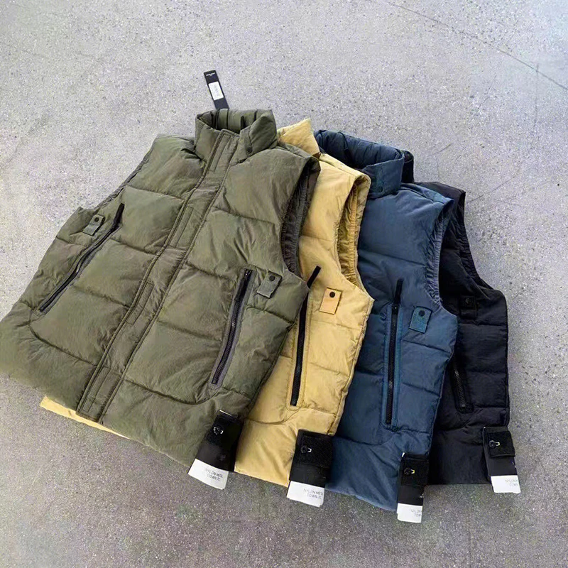 

Autumn Winter Mens Street Stone Vest Thickened Puff Jacket Zipper Windproof Waterproof Women Sleeveless Clothes Black Blue Green