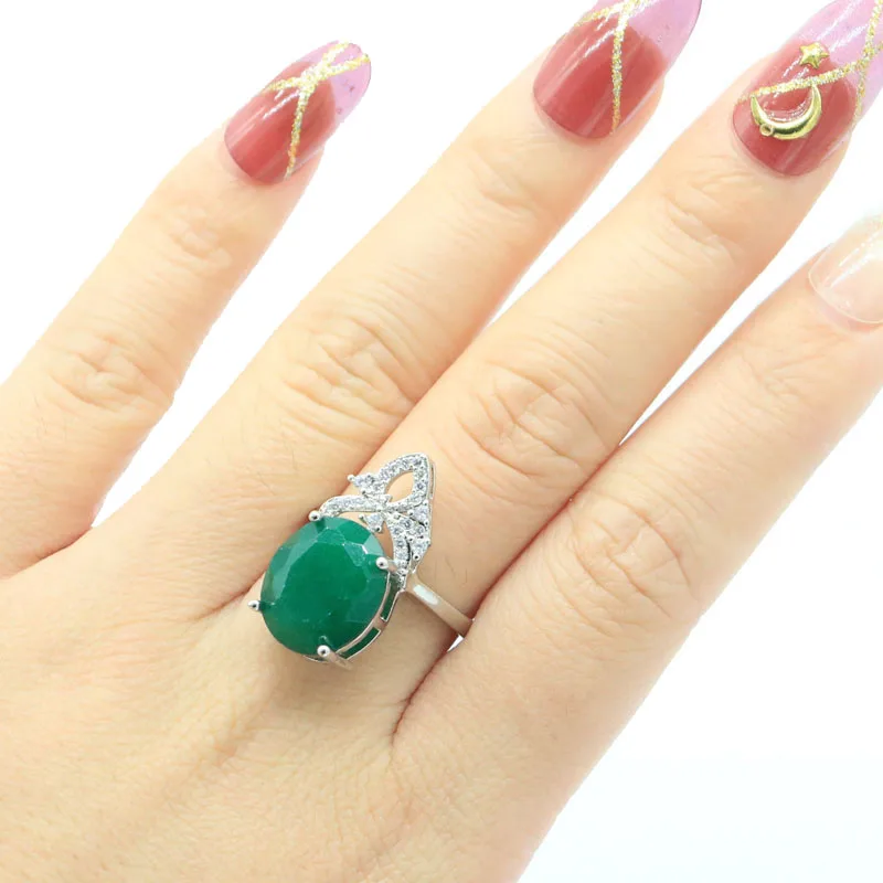 24x12mm Delicate Fine Cut 4.5g Real Green Emerald CZ Women Dating Birthday Gift Silver Rings Eye Catching