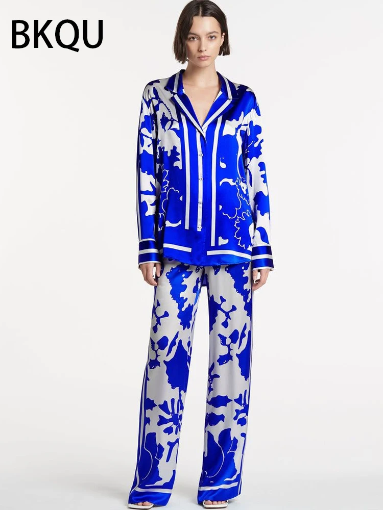 

BKQU Elegant Satin Shirt Two Piece Set Women Fashion Print Lapel Long Sleeve Shirt And Straight Wide Leg Pants Suit Female 2023