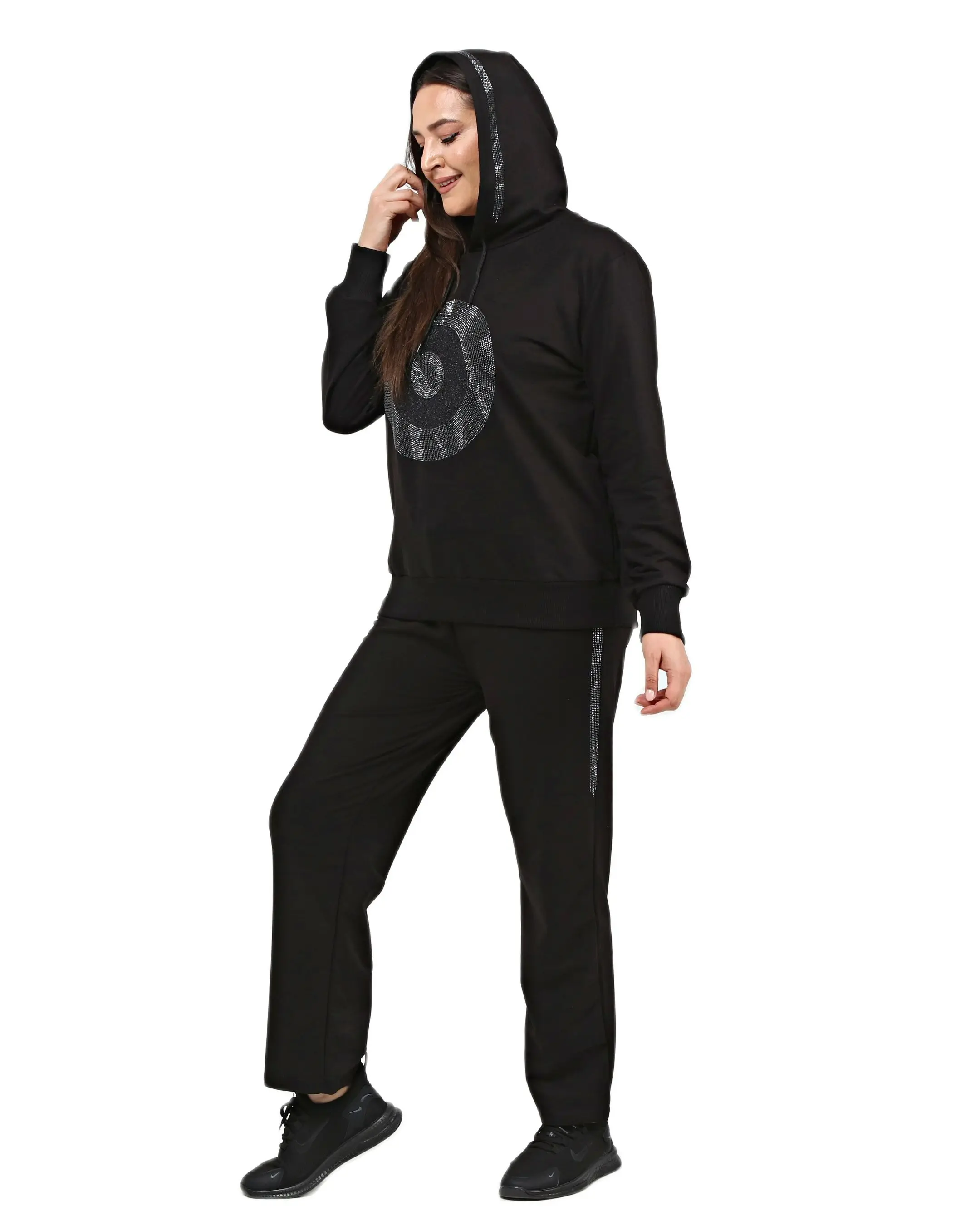 Women’s Plus Size Black Sweatsuit Set 2 Piece Circle Stone Print Tracksuit, Designed and Made in Turkey, New Arrival