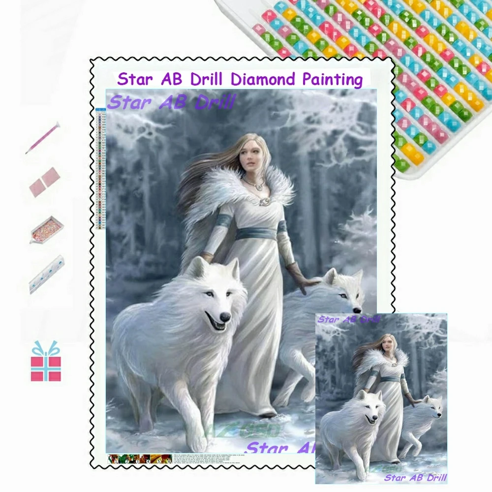 

AB Drills White Wolf With Princess 5D Diamond Mosaic Art Painting Kit Diy Fantasy Girl Animals Winter Cross Stitch Home Decor