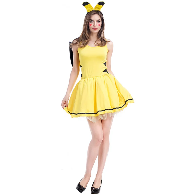 

Japan Cartoon Cosplay Women Costumes Yellow Short Skirt Pikachu Cute Sexy Female Dresses With Ears and Tail for Adult Ladys