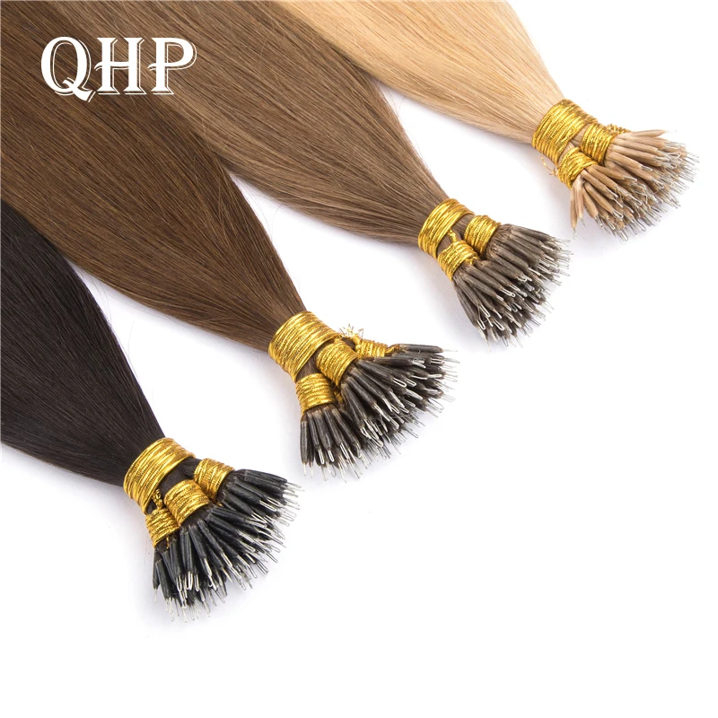 QHP Nano Rings Micro Beads 100% Brazilian Human Hair Extensions Remy Hair Brown Blonde Pure Color 50Strands 18-24 Inches