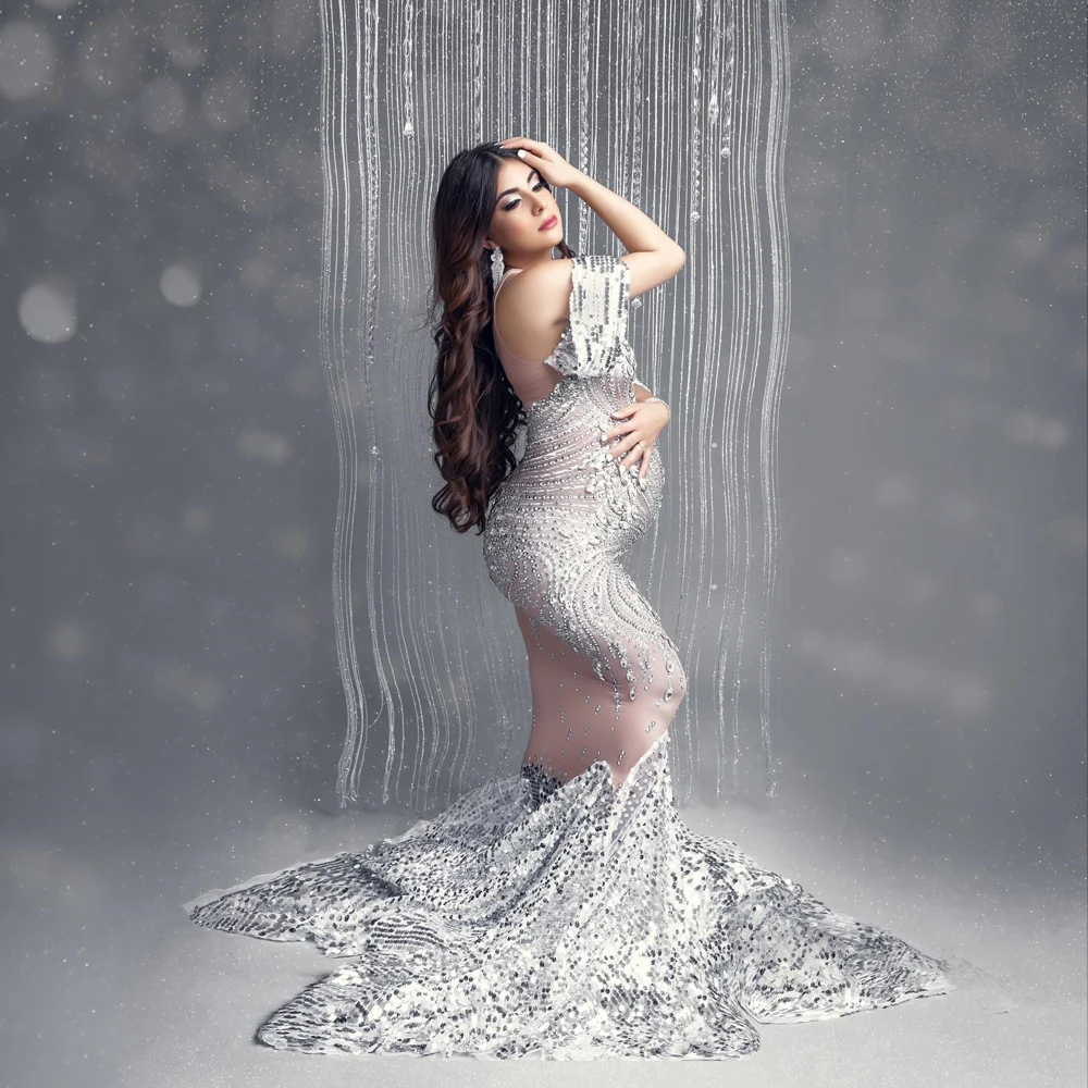 Maternity Photography Gown Sparkly Rhinestones High Elasticity Large Size Suitable For Pregnant Women Photography Clothing Props enlarge