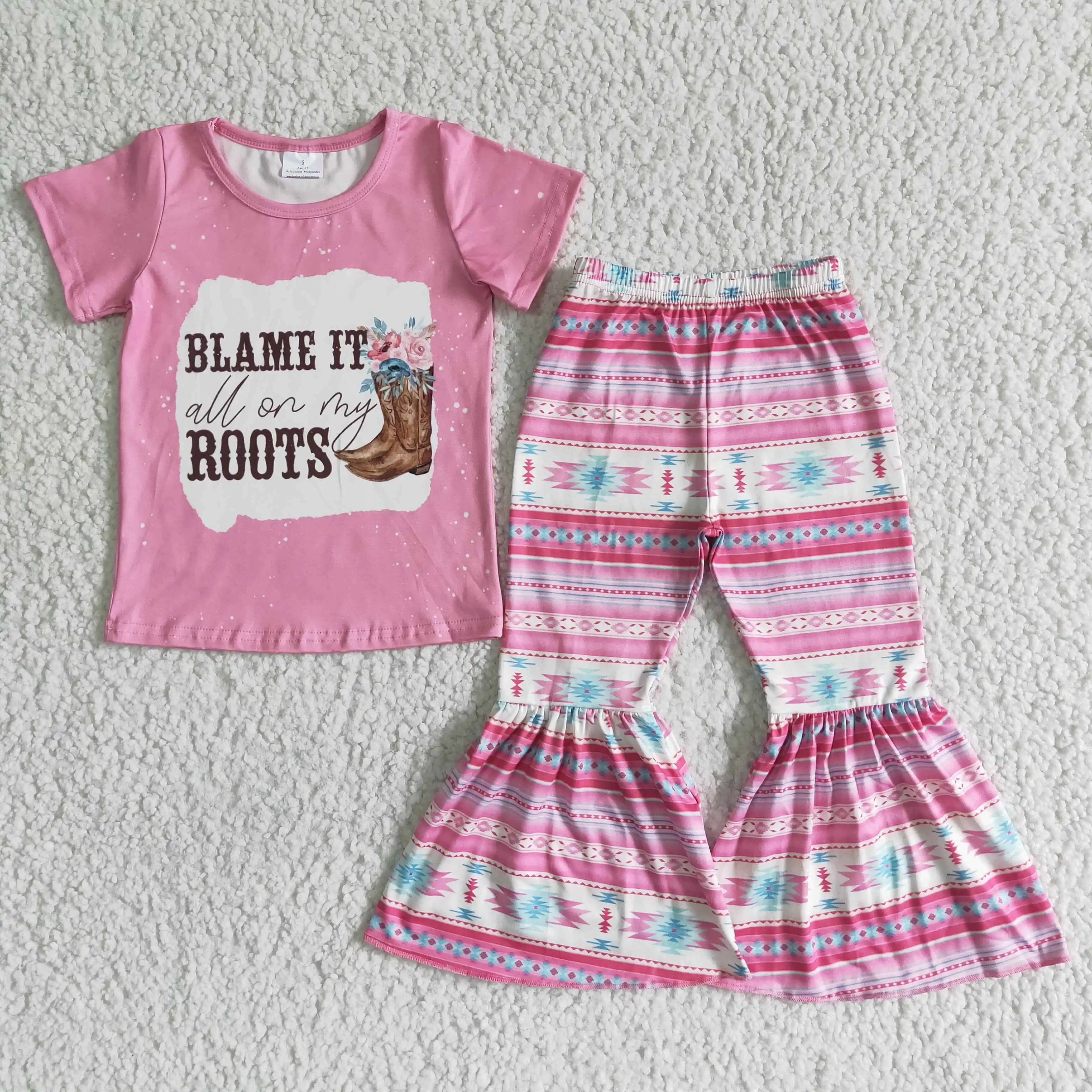

kids girl spring clothes set short sleeve hot pink print top and cartoon bell bottom pant outfit 2 pcs suit kids baby clothing