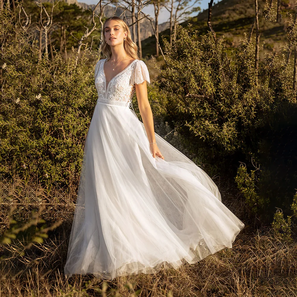 

2022 New Tulle Lace Appliqués V Neck Puff Sleeves Sexy Backless Design Mop Wedding Dress Factory Custom Vestidos De Novia