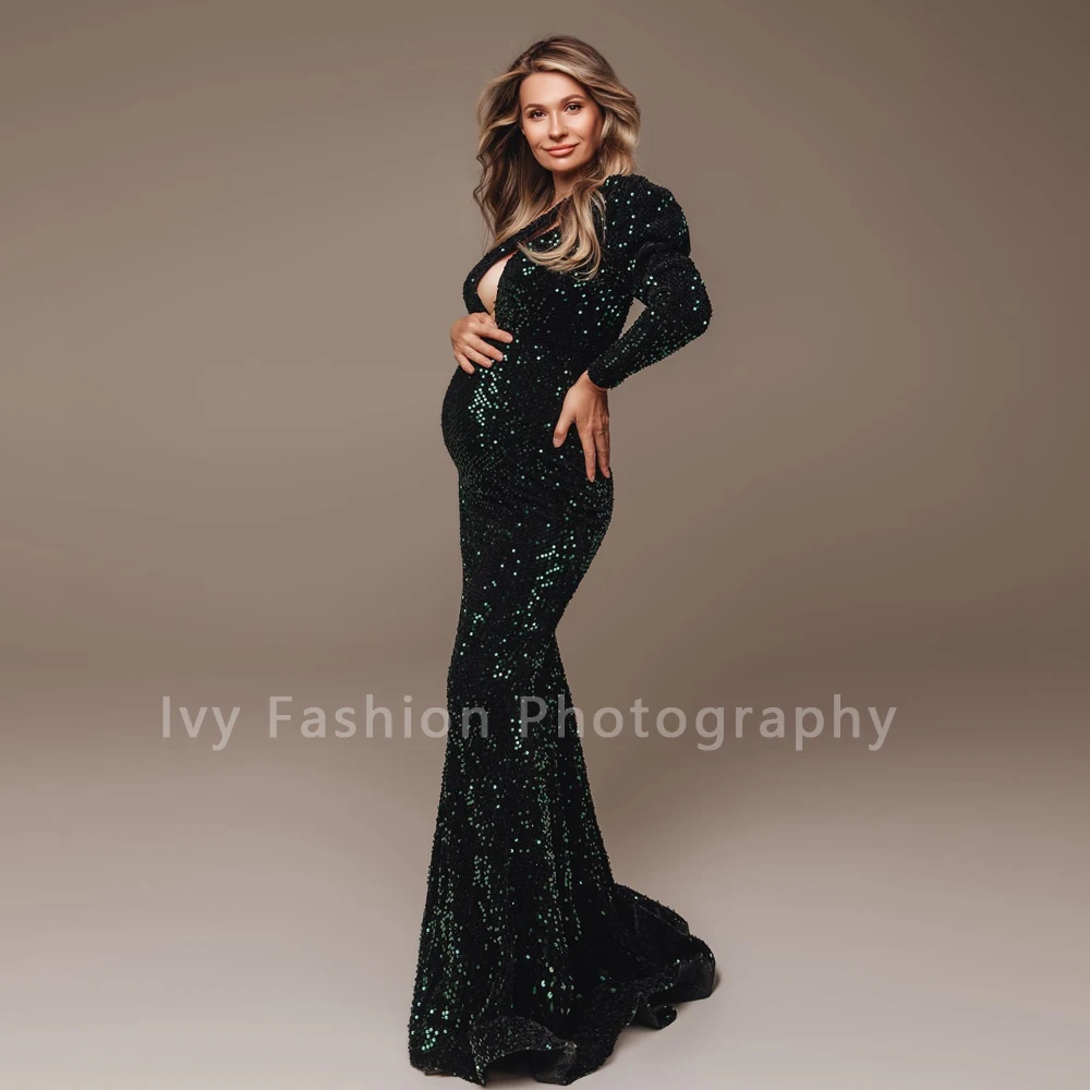 Maternity Photography Gown Elegant Pregnant Evening Ladies Baby Shower Family Party Single Sleeve Sequins Floor Length Dress