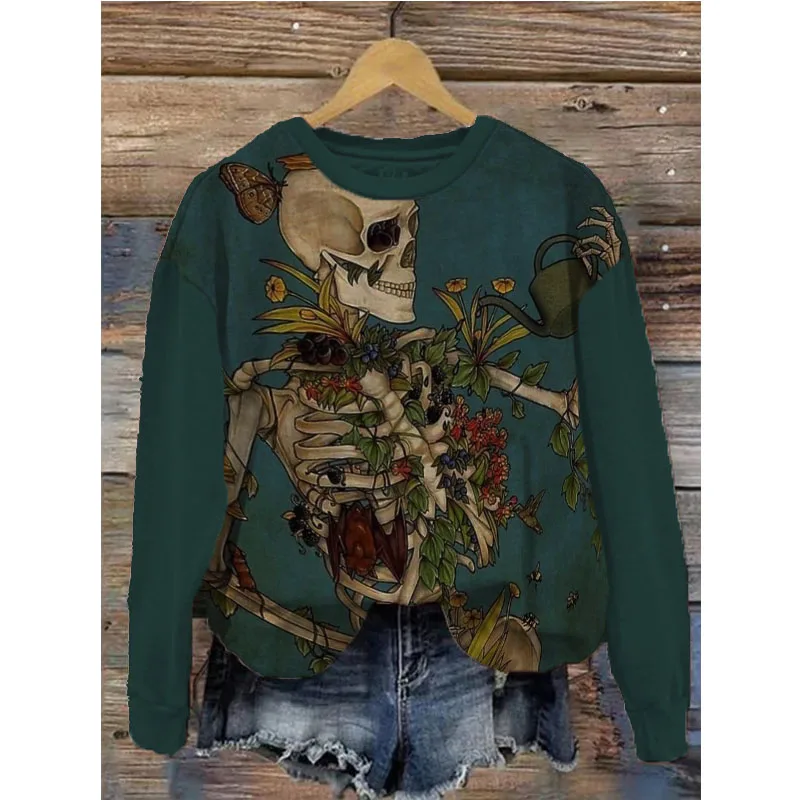 

Women's Round Neck Long Sleeve Halloween Skull Top