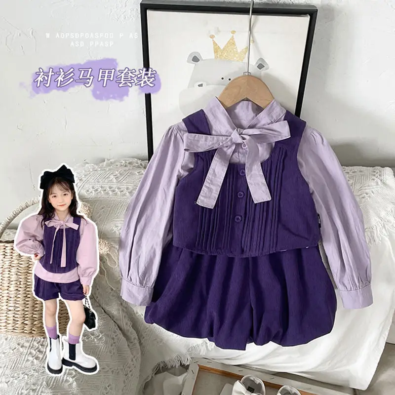 

Fashion Girls Sweet Purple 3Pcs Suits New Baby Autumn T-Shirt Tops Vest+Shirt+Shorts Kids Dresses Outfit for Children Clothes
