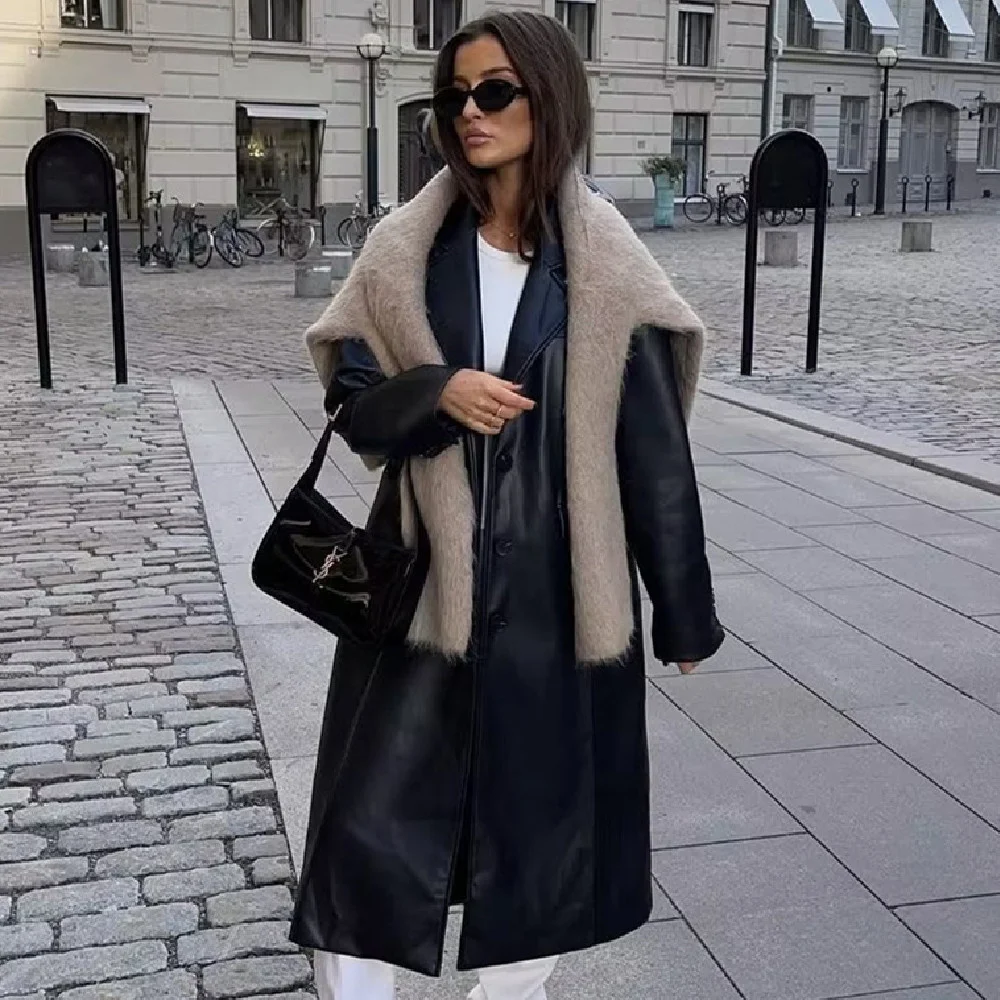 

PB&ZA 2022 Autumn New Women's Black Fashion Trend Lapel Long-sleeved Belted Decorative Long Faux Leather Trench Coat 1255716