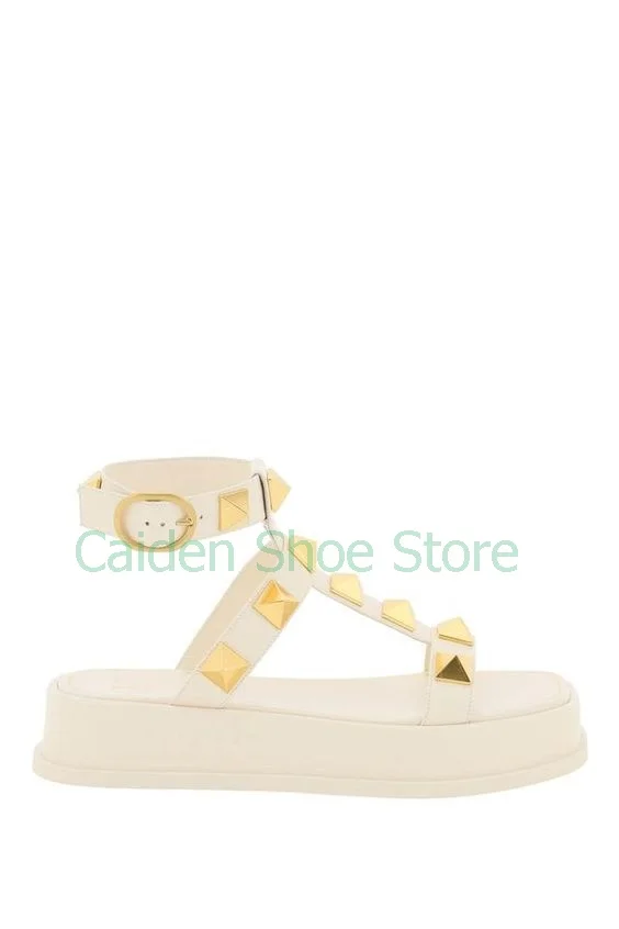 

Luxury Brown Rivet Thick Sole Sandals Women Summer Brand Round Toe Slingback Sandals Ladies Party Fashion Real Leather Shoes