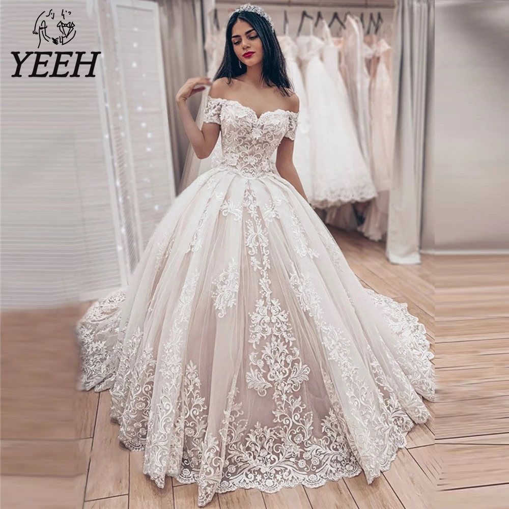 

YEEH Princess Cap Sleeve Wedding Dresses Luxury Lace Appliques Bridal Gowns Exquisite Floral A-Line Court Train Vestido De Novia