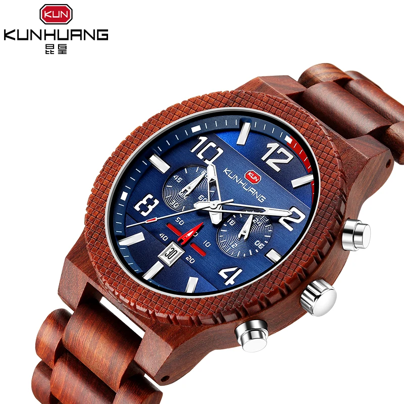 Kunhuang Wood Watch Man Multi-Functional Fashion Timepiece Chronograph Simple Pure Wood Watch Military Sport Quartz Wristwatch