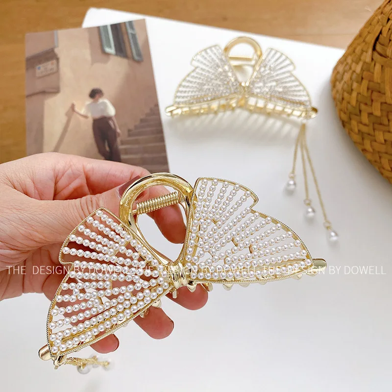 

Exquisite Butterfly Pearls Rhinestones Tassel Hair Clip Claw Temperament Hairpin Barrette Shark Clip For Women Hair Acessories