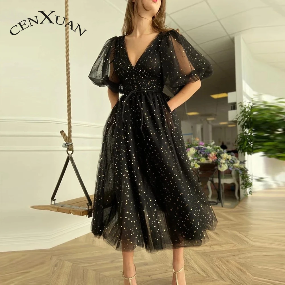 

CENXUAN Graceful Formal Evening Gowns Sequins Button V-neck Zipper Three Quarter Sleeves A-line 2023 Abendkleid Personalised