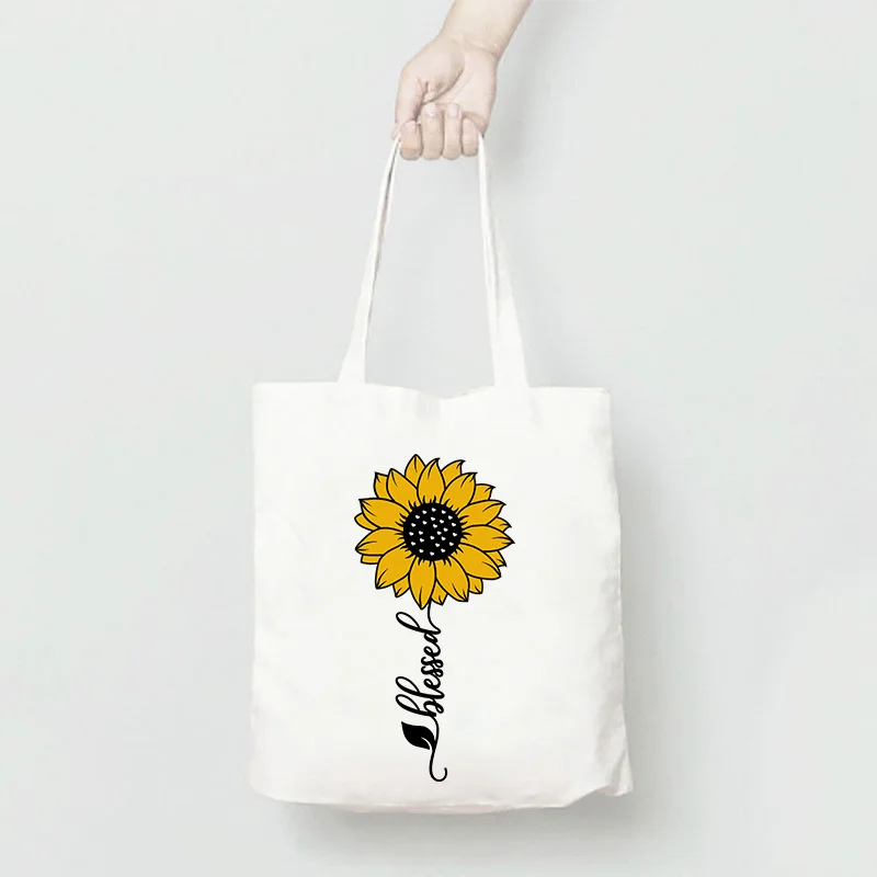 

Cotton Bags Shopper Shoulder Bag Big Women Blessed Sunflower Handbags Shopping Tote Casual Woman Grocery Goodies Bag For Girls