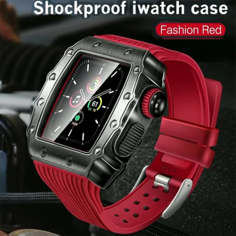 

Silicone Strap Alloy Metal Case for Apple Watch iWatch SE 7 6 5 4 40mm 44mm 41mm 45mm Red Men Replace Band Modification diy Kit