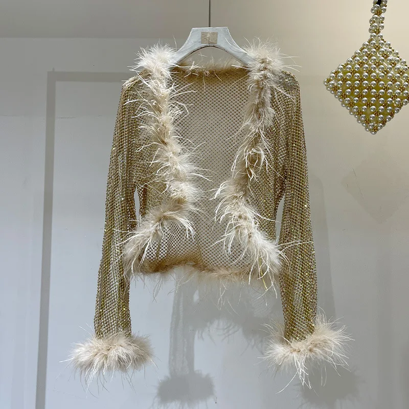 New Luxury Women's Open Front Feathers Trim Ostrich Fur Crystal Mesh Jacket Music Festivals See Through Long Sleeve Cardigan
