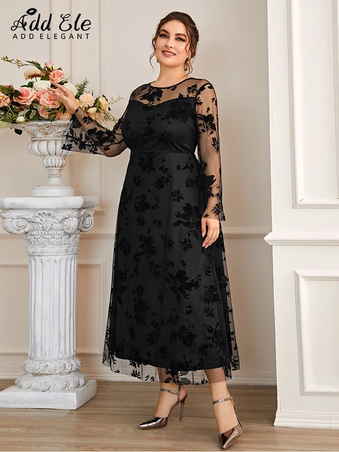 Add Elegant 2022 Autumn Plus Size Flower Mesh Cover Dresses for Women Flare Sleeve Sweet Female O Neck Waist Midi Dress B1095 4