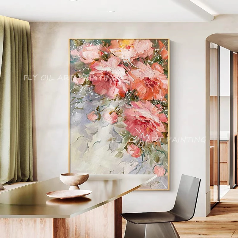 

Большой размер Ручная работа искусственный розовый цветок 100% ручная роспись пейзаж картина маслом холст стена