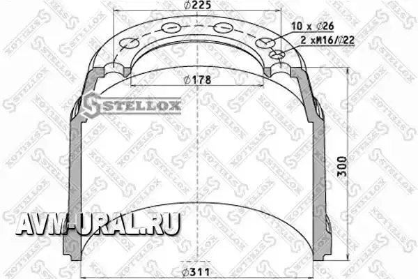 STELLOX 85-00128-SX_торм.барабан !311x203/215 H=300 d=178/225 n10x26.5 \Fruehauf SMB-C3-11/65 |