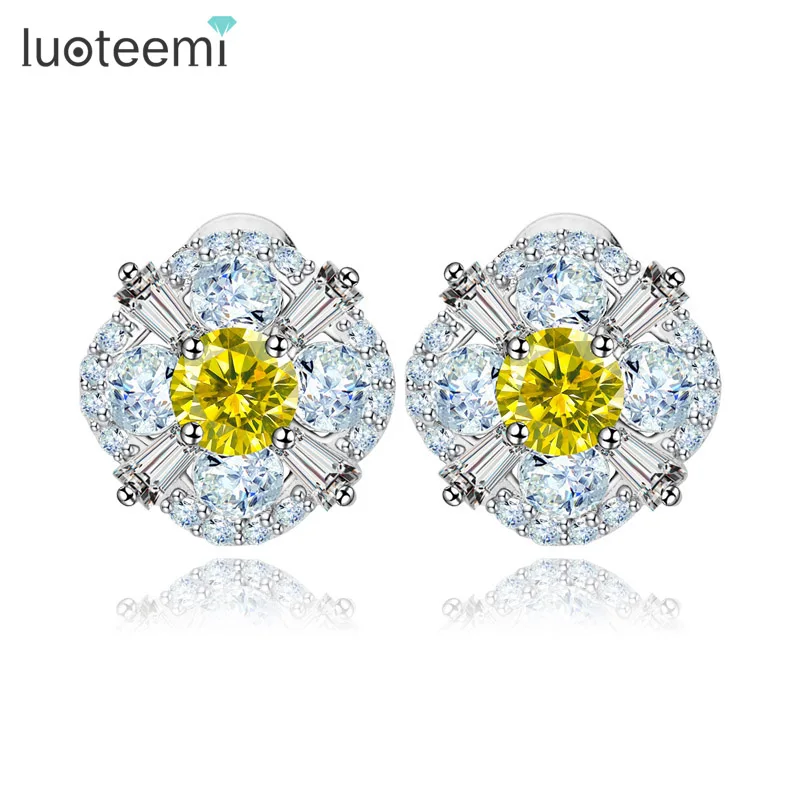 

LUOTEEMI Fashion Wholesale Luxury White Gold-Color Yellow Top Cubic Zircon Women Flower Daily Wear Shining Fancy Stud Earrings