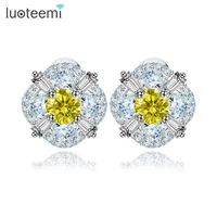 luoteemi fashion wholesale luxury white gold color yellow top cubic zircon women flower daily wear shining fancy stud earrings